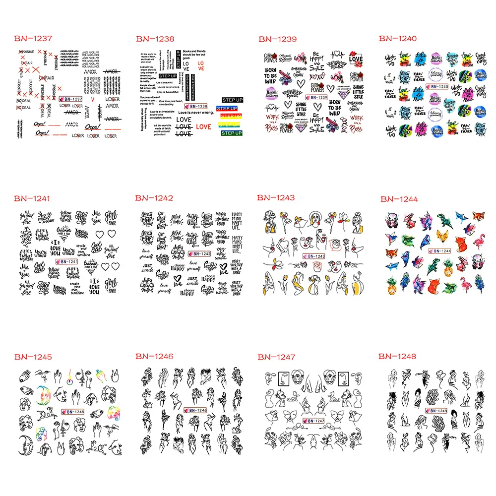 12 стилей черная Абстрактная фигура водяные наклейки для ногтей наклейки слайдер письмо девушка дизайн ногтей украшения DIY маникюрные инструменты аксессуары