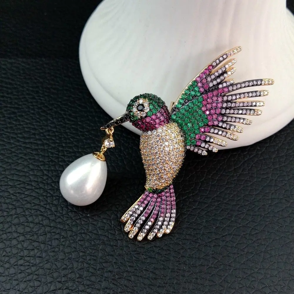 

1pc 36x48mm Sea Shell Pearl golden plated Mixed Color Cz micro Bird brooch