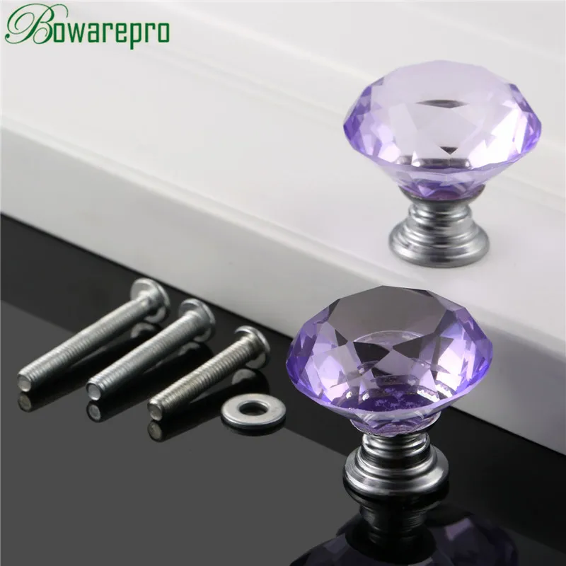 bowarepro 30mm Diamond Crystal Glass cabinet handle kitchen furniture hardware handle furniture accessory handle 2/p+6Pcs Screws
