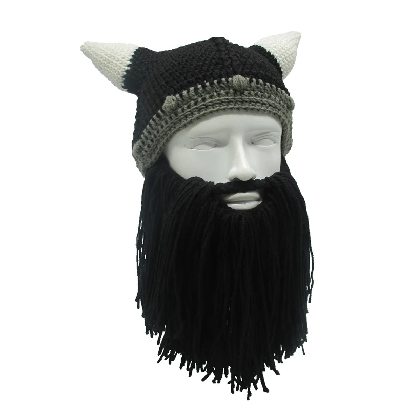 Handmade Wig Beard Viking Beanies Hat Horn Winter Cap For Men Crochet Dad Hat Winter Male Cap Halloween Gifts Party Cap SKullcap