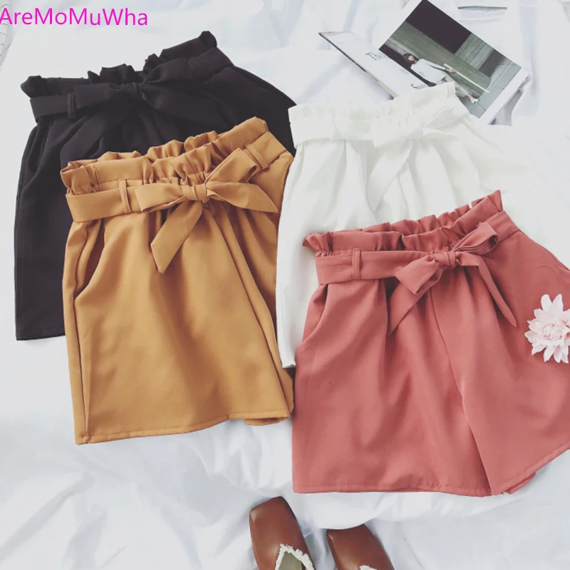 

AreMoMuWha 2018 New Summer Bow Sashes High Waist Shorts Women Drawstring Elastic Wide Legs Shorts Solid Thin Shorts Female Mh014