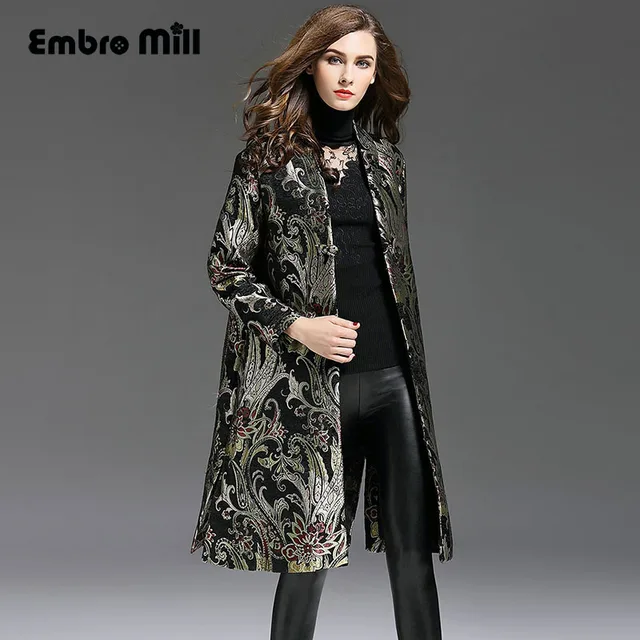 Runway women embroidered retro trench coat autumn royal embroidery plus