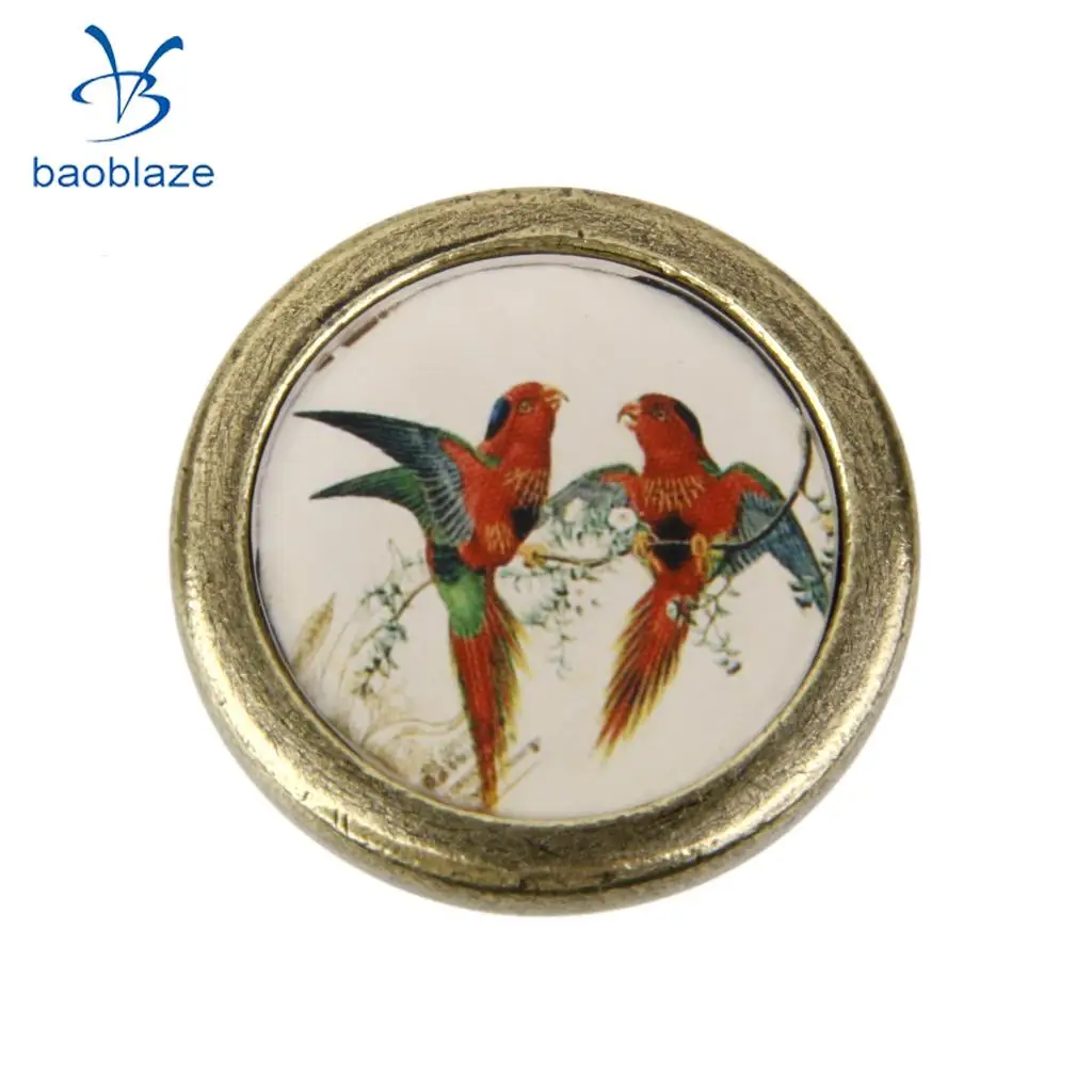 2 Pieces Antique Brass Cabinet Drawer Round Pulls Wardrobe Cabinet Door Cupboard Knob Handle Colorful Birds Pattern