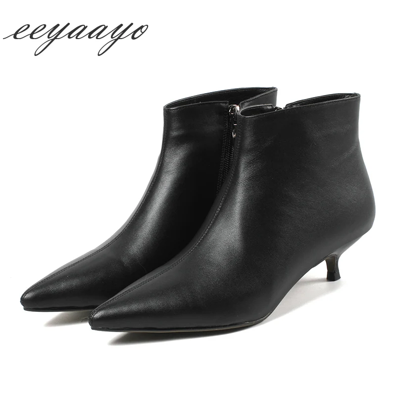 

2019 New Winter Women Ankle Boots Genuine Leather Middle Heels Zip Pointed Toe Elegant Sexy Ladies Snow Boots Black Women Shoes