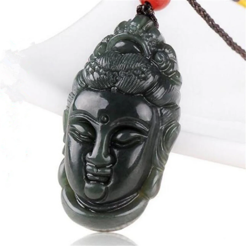 

100% Green HETIAN Jades Pendant Necklace Carved Guanyin Bodhisattva Patron saint Pendant Men's Nephrite Jades stone Jewelry
