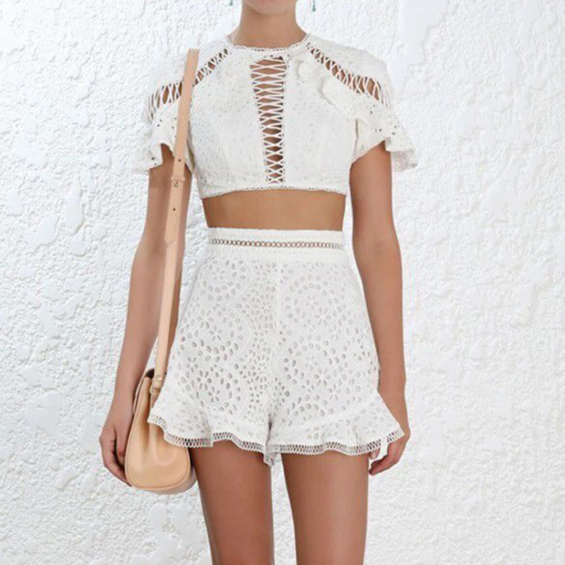 

Women Two Piece Set Designer 2018 White Tops Sexy Shorts