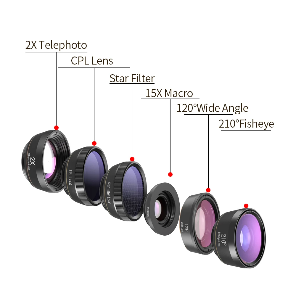 APEXEL 6 in 1 Phone Camera Lens Fisheye Lens Wide Angle macro Lens CPL Star Filter 2X telescope for Samsung Huawei all phones 8 2