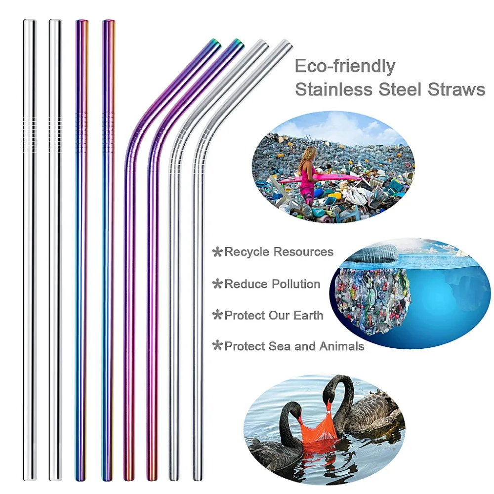 Reusable Stainless Steel Straws 8 Pieces Set With 2 Cleaning Brushes FDA approved Metal Eco-friendly Drinking Straws Silver and Rainbow Color-6mm x 8.5 inch (4)
