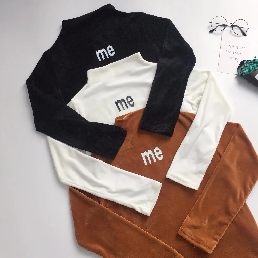 

Women'S Harajuku Printing Solid Color High Collar Tight T-Shirt Female Velvet Bottoming T Shirt Ladies Clothes Kawaii Ulzzang