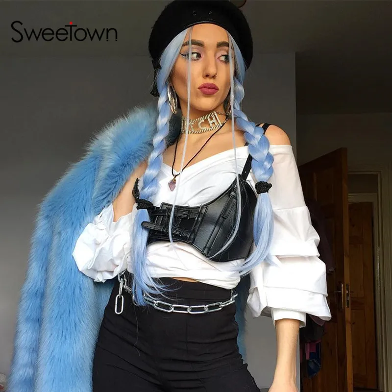 Женский кожаный топ в стиле панк Sweetown черный Регулируемый укороченный на тонких