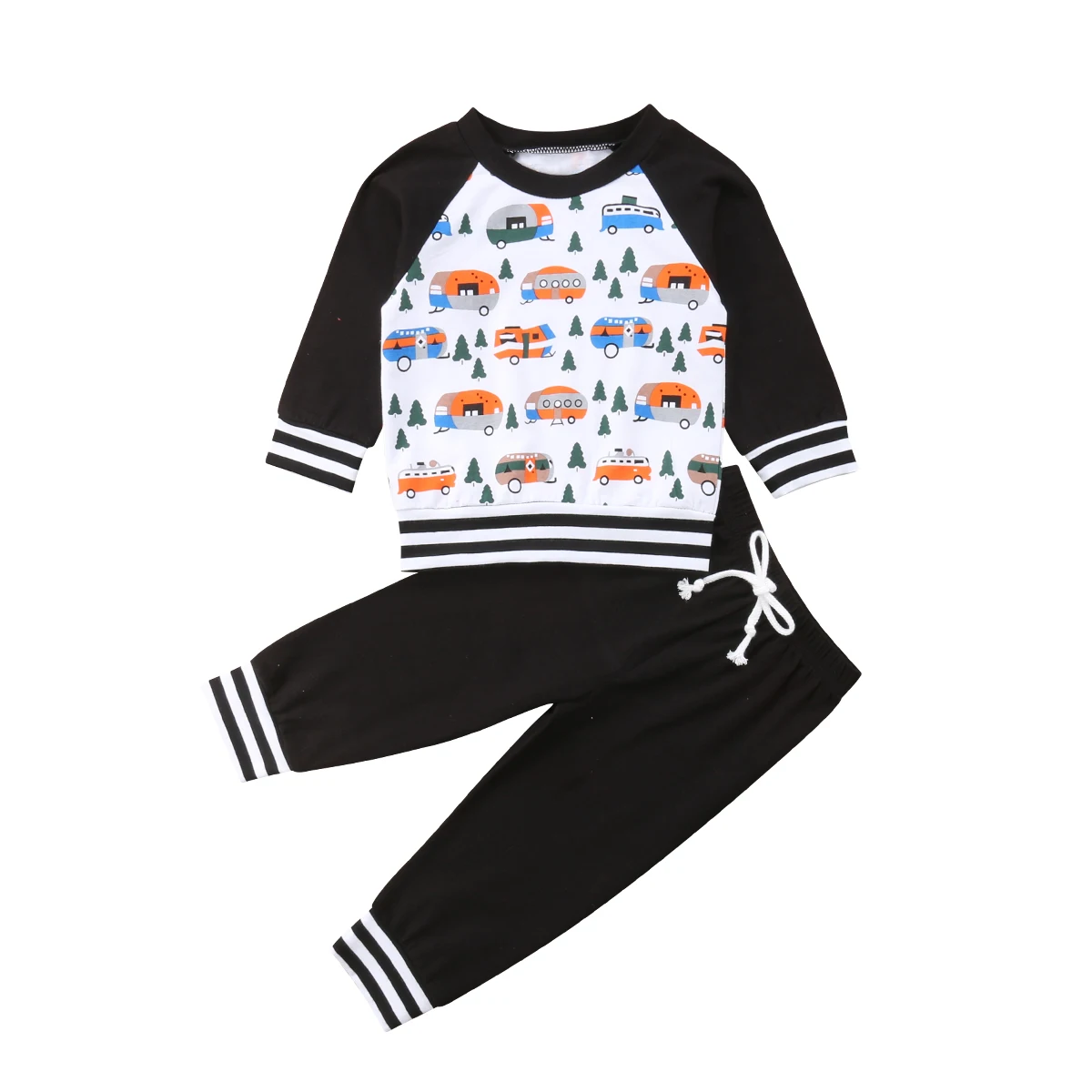 

2018 Newborn Baby Boys Girls Cartoon Car Sweatshirts Tops Pants Outfits Autumn Black Set Clothes 0-18M