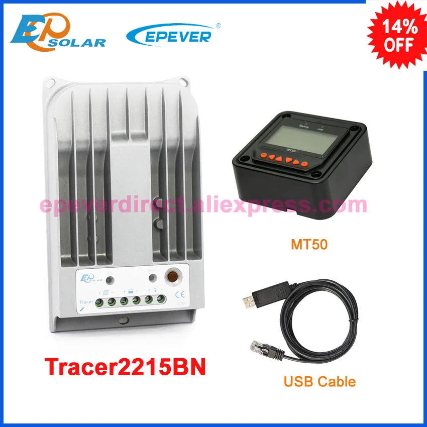 

Solar panel controller MPPT EPEVER Tracer2215BN 20A 20amp remote meter MT50 black color and USB cable 12v 24v auto work