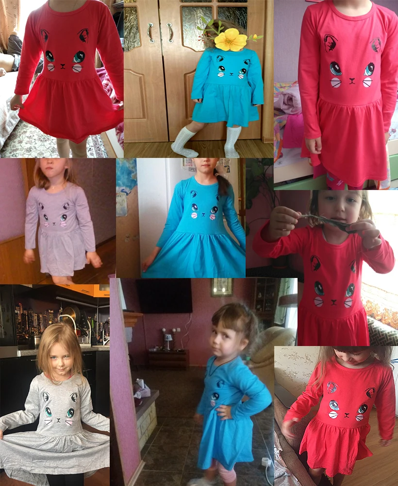 Princess Girls Dress New Fashion summer Cat Print Children Long Sleeve Cartoon baby girl Cotton Party Dresses for kids