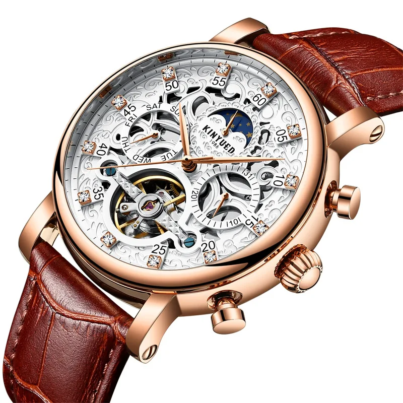 Kinyued Skeleton Tourbillon Mechanical Watch Automatic Men Classic Male Gold Dial Leather Mechanical Wrist Watches J026P-2 Kinyued Skeleton Tourbillon Mechanical Watch Automatic Men Classic Male Gold Dial Leather Mechanical Wrist Watches J026P-2