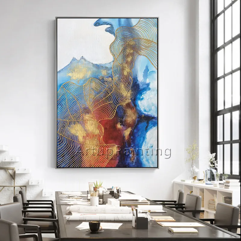 

Gold art acrylic painting on canvas original hand painted blue texture quadro caudro decor wall art picture for living room home
