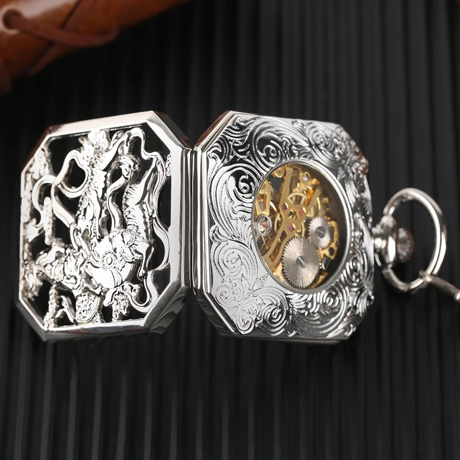 Luxury Silver Half Hunter Mechanical Pocket Watch Irregular Double Tiger Hand Wind Watches Men Women Top Gift For Xmas Birthday (12)