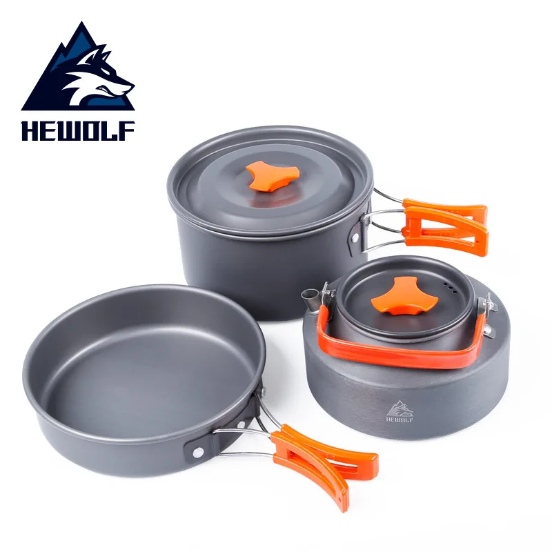 Продажа Hewolf HW K1692 костюм из трех предметов для 2 3 человек на открытом воздухе кемпинг портативная кухонная посуда наборы сковорода 1.1л чайник 2.0л гор...
