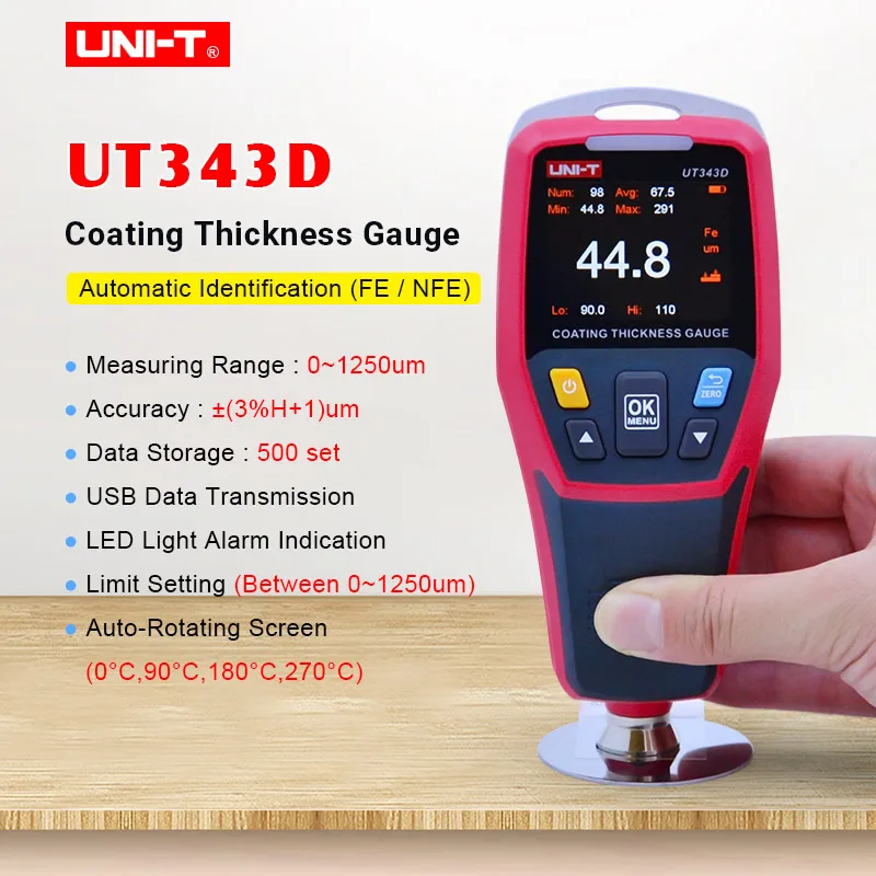 Meilleur UNI T UT343D jauge d épaisseur jauge de revêtement numérique compteur voitures testeur d épaisseur de peinture mesure FE NFE avec fonction de données USB