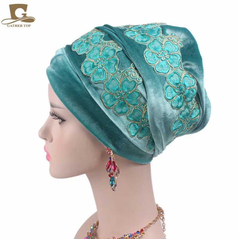 Flor de Veludo Novo Luxo Nigeriano Turbante Cabeça Longa Envoltório Headwrap Elegante Lenço Hijab Boné 3d 7 Novo luxo 3d flor de veludo nigeriano