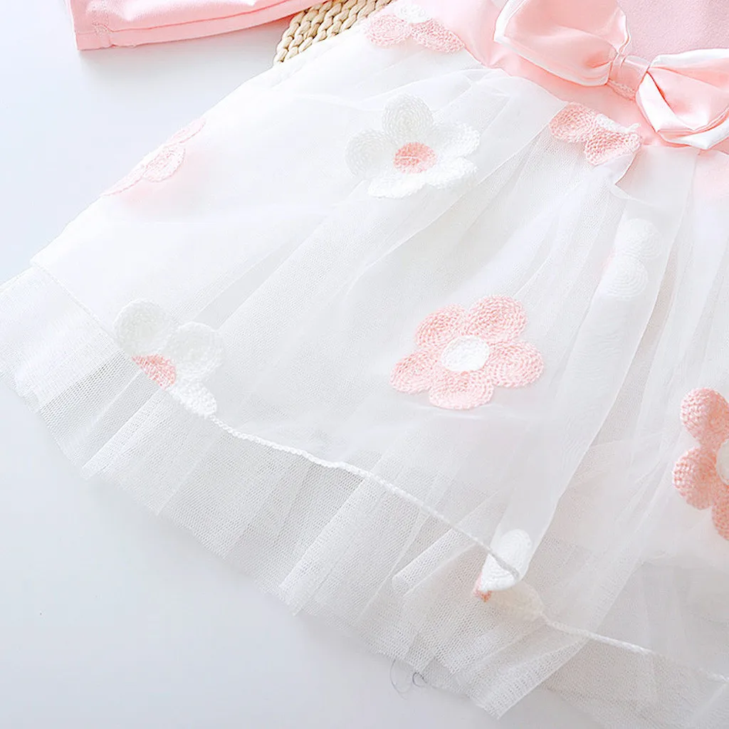 Розовое платье для маленьких девочек платья с длинными рукавами из тюля с цветочным принтом и бантом для девочек vestidos de princesa ninas# XB30