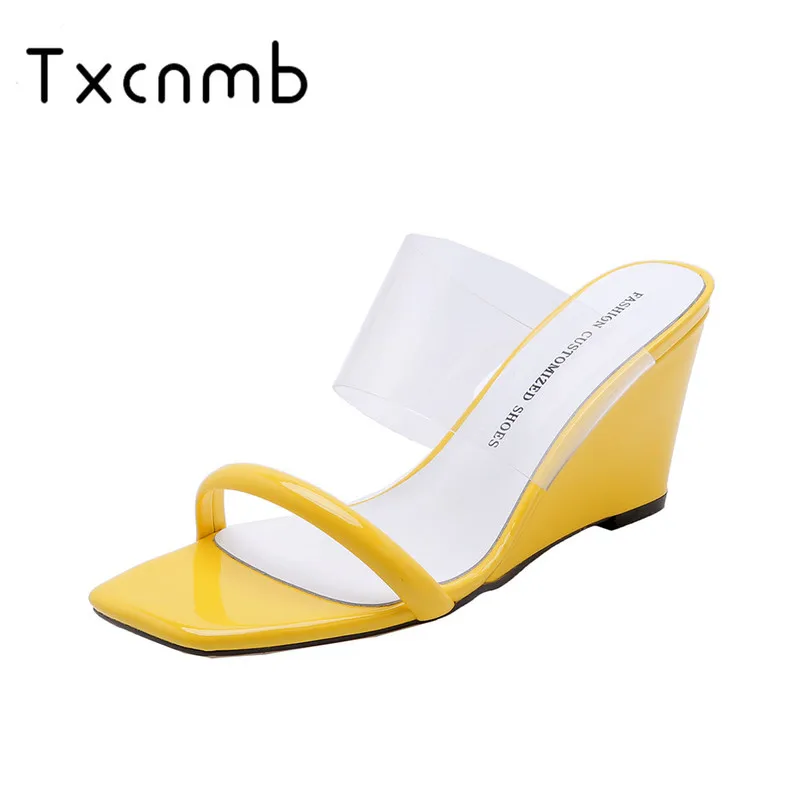 

TXCNMB 2019 Summer Ladies Sandals Luxury pvc Transparent Shoes High Heeled Slippers Women Rome Style Open Toe Mules Slippers