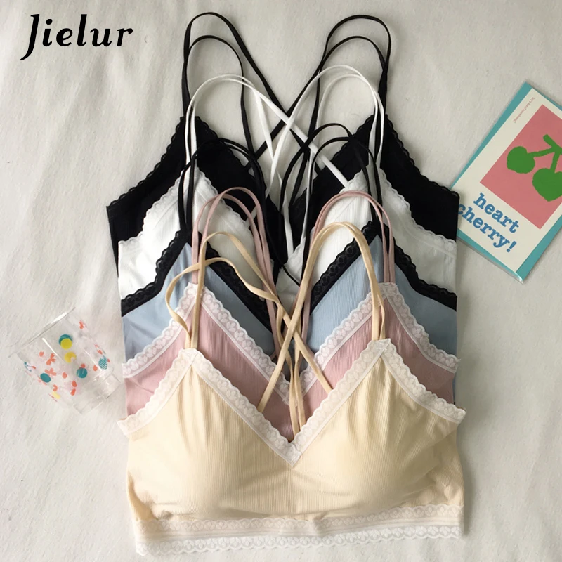 

Jielur Lace Bras Women Sexy Patchwork 5 Colors Tube Tops Cross Fresh Underwear Female Simple Beige Summer Staniki Damskie 2019