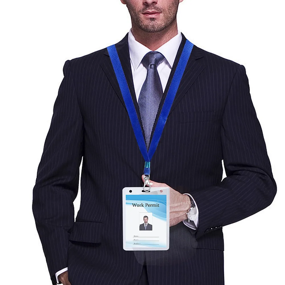 6 Packs of ID Card Holder With Blue Metal Clip Neck Lanyard 4.723.15inch Transparent Badge Card Holder For Office Exhibition Staff Group Members (5)