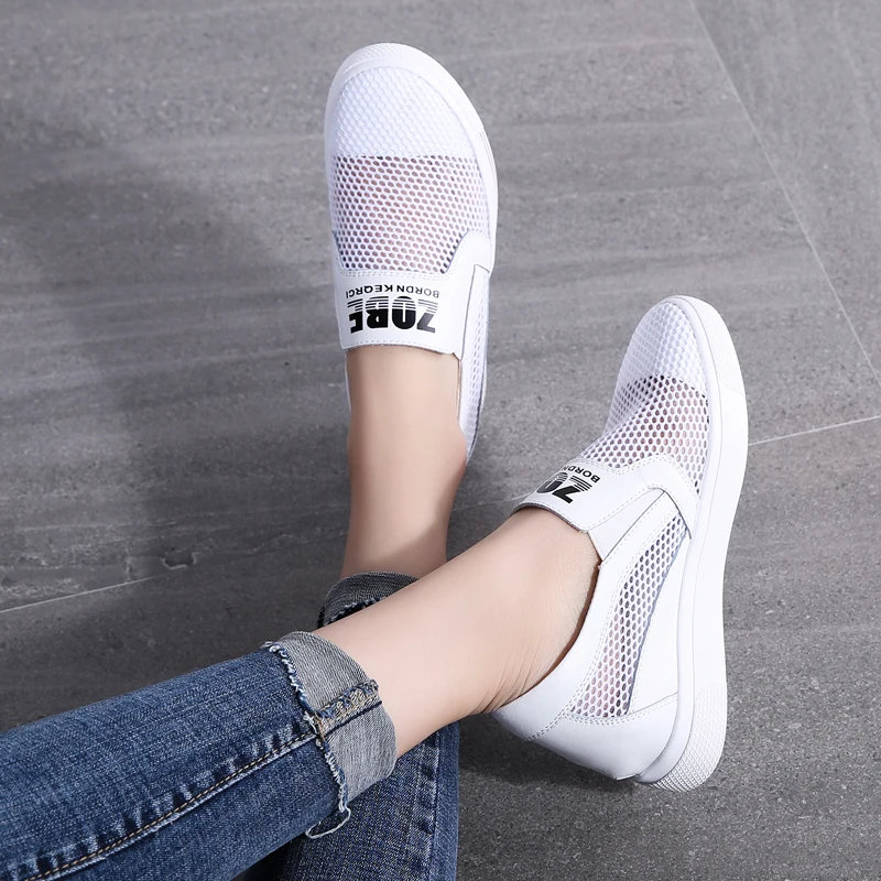 

2019 Summer white women sneakers shoes platform sneakers women breathable mesh casual shoes slip on creepers walking shoes