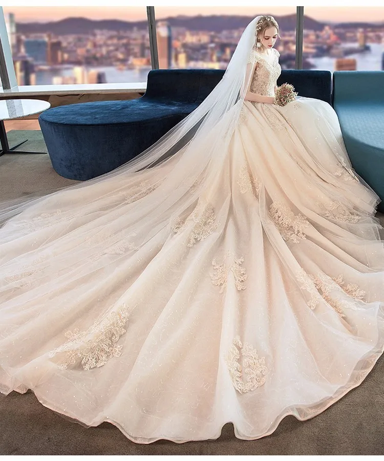 Robe De Mariage роскошное свадебное платье бальное платье с коротким рукавом Свадебные платья Шампанское принцесса свадебное платье с длинным хвостом