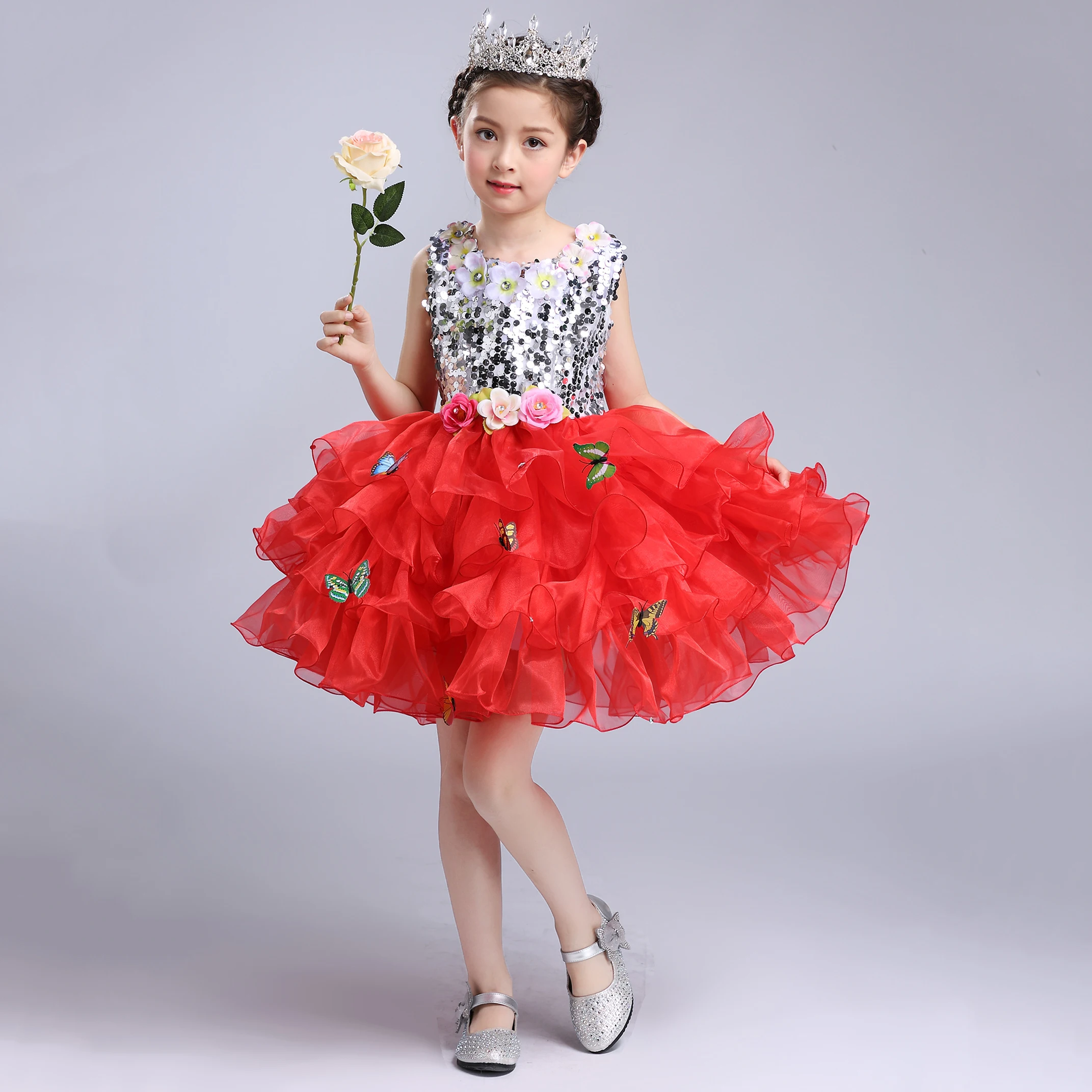 

TB48 Butterfly Tulle Cupcake Sequins Flowers Ball Gown Girls Pageant Dresses Beautiful Flower Elegant Little Princess Dress
