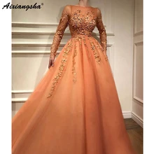 Мусульманские турецкие вечерние платья А-силуэт Тюль с длинным рукавом аппликации из бисера Дубай Саудовская Арабская Длинное Элегантное Вечернее Платье