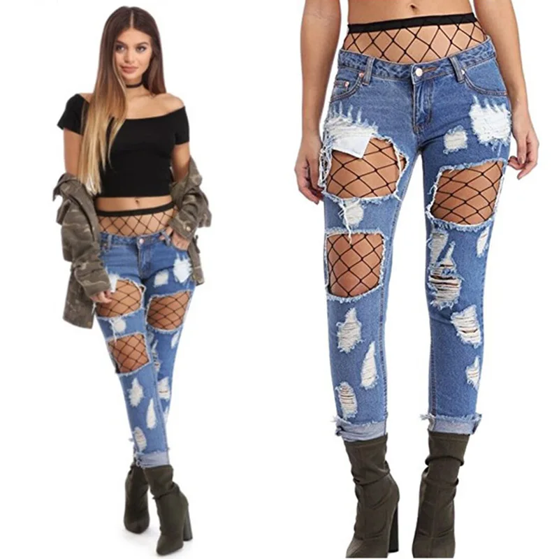 Boyfriend hole ripped jeans women pants Cool denim vintage