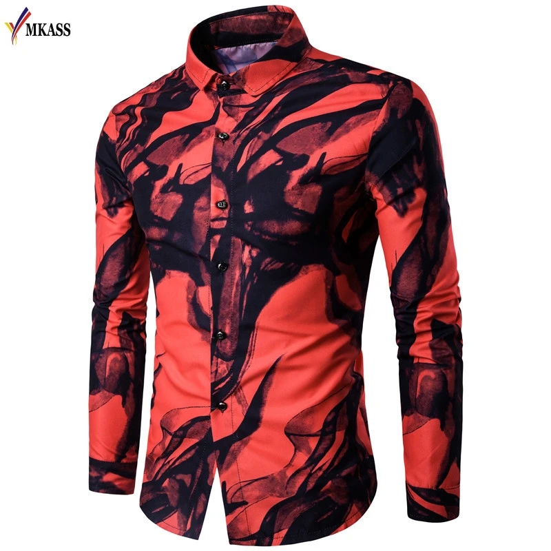 New Brand Men Cotton Shirts Long Sleeve Printing Ink Shirt Men