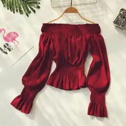 JOYINPARTY 2019 красный с плеча long Sleeve Shirred Лето Повседневное плотная Костюмы Половина рукава женский блузка для отдыха