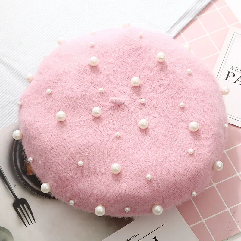 pink Шерсть Женские Зимние береты Роскошные Жемчужные заклепки винтажные кашемировые женские теплые Vogue береты шапки для девушек плоская шапка берет для женщин - Цвет: pink