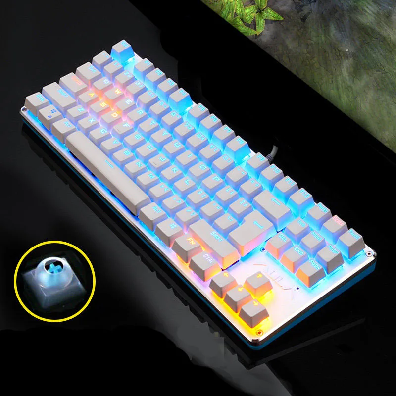 AULA механическая клавиатура, синий переключатель, игровая подсветка, настольный компьютер, игровая Проводная клавиатура, 87/104 клавиш, добавляющая пыль, русская наклейка - Цвет: 87 blue light white