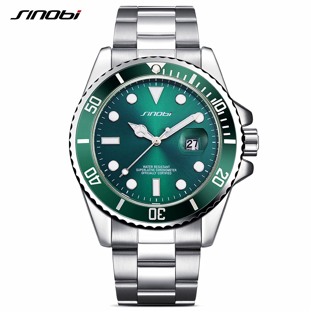 SINOBI Mens Watches Top Brand Luxury High Quality Solid steel belt Mans Sport Submariner series Watches Golden relogio masculino