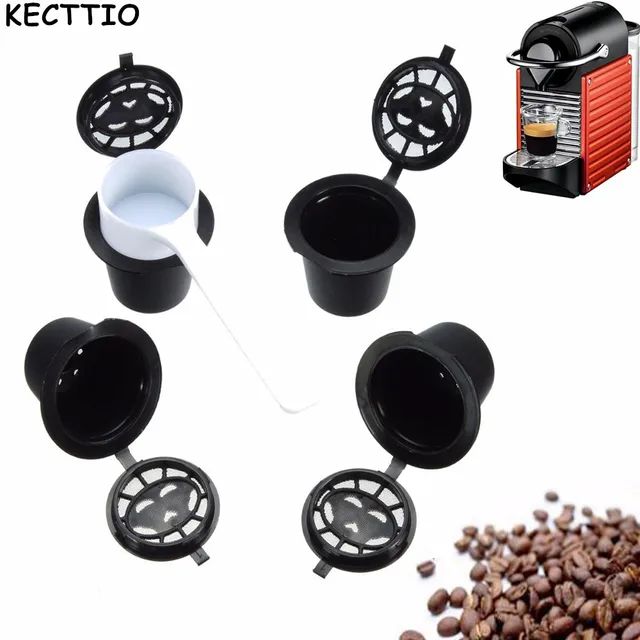 Best Price 4pcs Refillable/Reusable Coffee Capsules Pod Plastic With Spoon Stainless Steel Filters Mesh