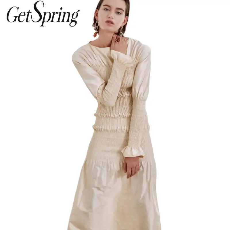 

GetSpring Women Dress Designer's Dress 2019 New Puffle Dress Summer Elastic Trenched Vintage Long Sleeve Long Tight Black Beige