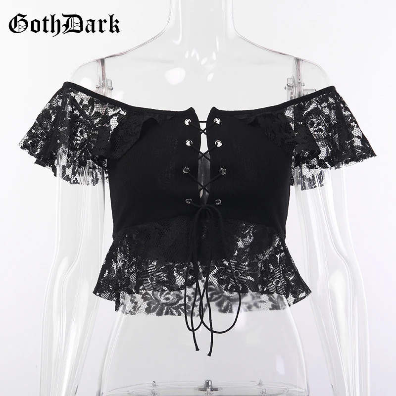 Женская кружевная блузка Goth Dark черная сетчатая короткая футболка готический топ