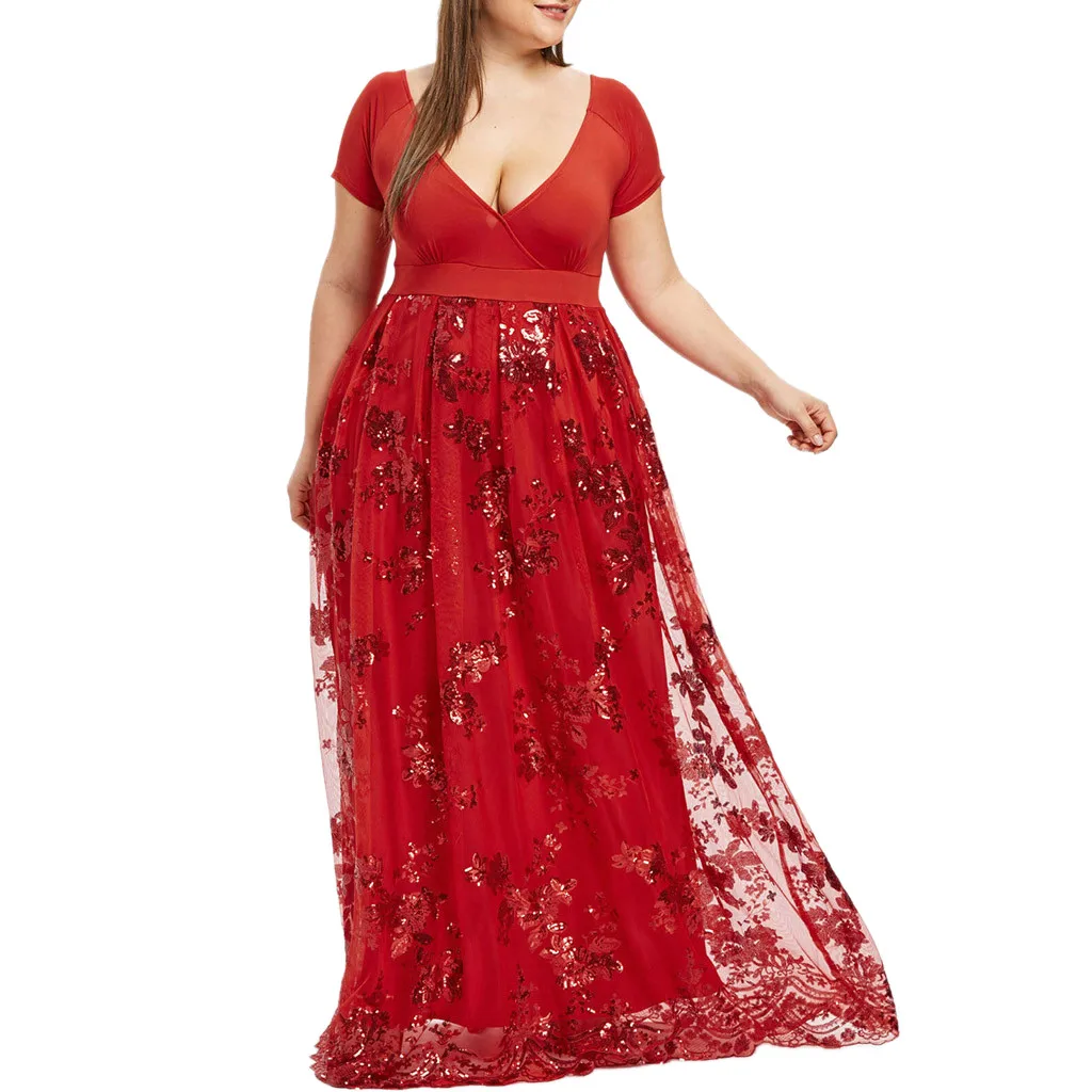 JAYCOSIN одежда платье размера плюс женское с v-образным вырезом с коротким рукавом Цветочное с блестками вечернее Сетчатое платье