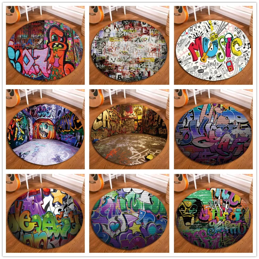 

Street Graffiti Art On Brick Wall Round Rugs And Crystal Velvet Carpets For Kids Baby Home Living Room Cushion Bedroom Bath Mats