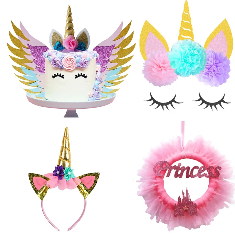 

Pink Princess Party Decorations Unicorn Headband Cake Topper Wall Hanging Wreath Princess First Birthday Unicorn Party Favors