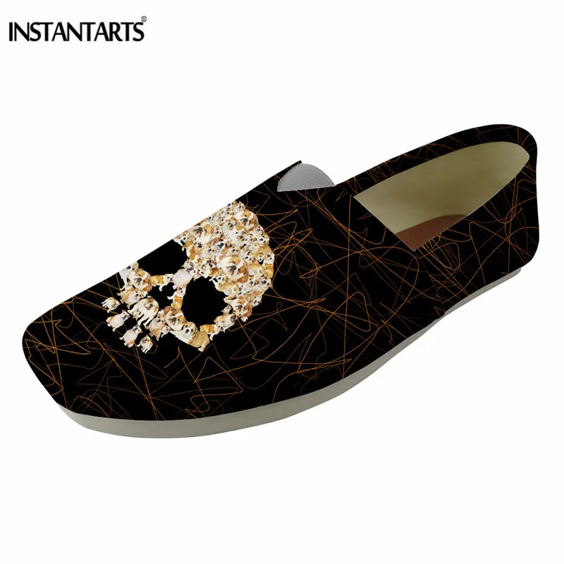 

INSTANTARTS Black Animal Skull Design Women Flat Shoes Fashion Slip On Canvas Lazy Shoes for Students Ladies Breathable Loafers