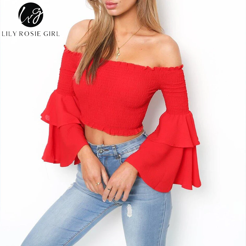 Lily Rosie Girl Off Shoulder Yellow Blouse Shirt Women Sexy Ruffle Short Blusas Femme Butterfly Long Sleeve Summer Beach CropTop