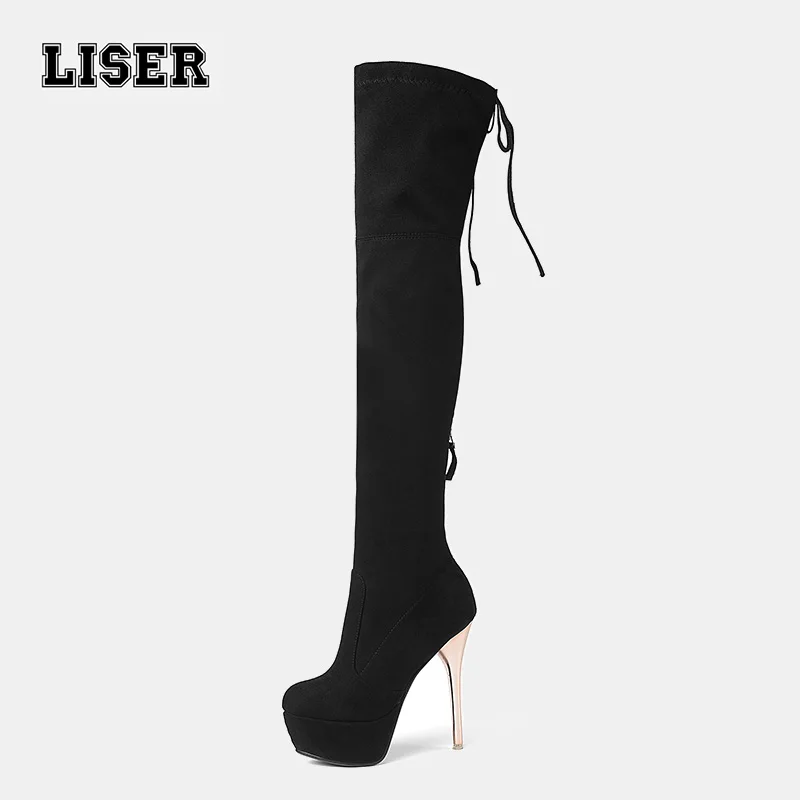 

2019 women's thigh high boots winter suede 14cm stiletto platform metallic clear heels fetish dancing nightclub party designer