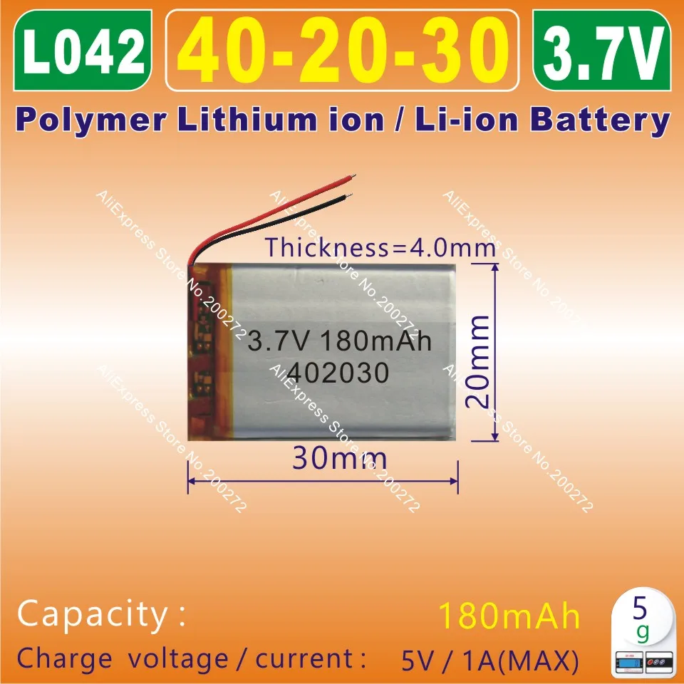 5pcs [L042] 3.7V 180mAh [402030] PLIB; polymer lithium ion
