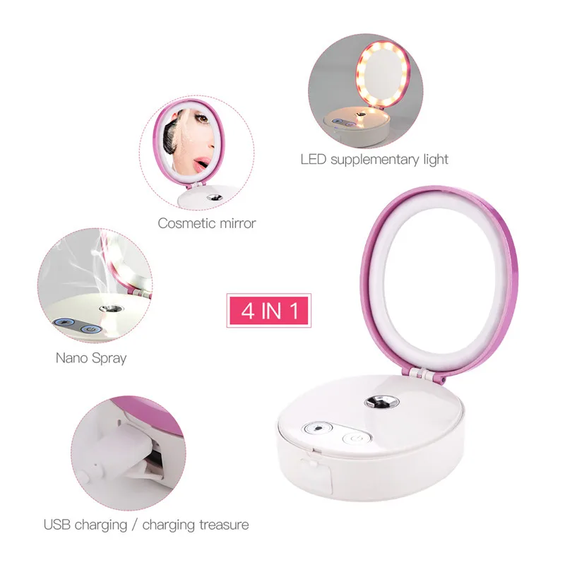 

4 In 1 Multifunction Mini Facial Steamer Travel Nano Spray Mister Face Skin Care Kit+Makeup Mirror+LED Light+Power Bank Function