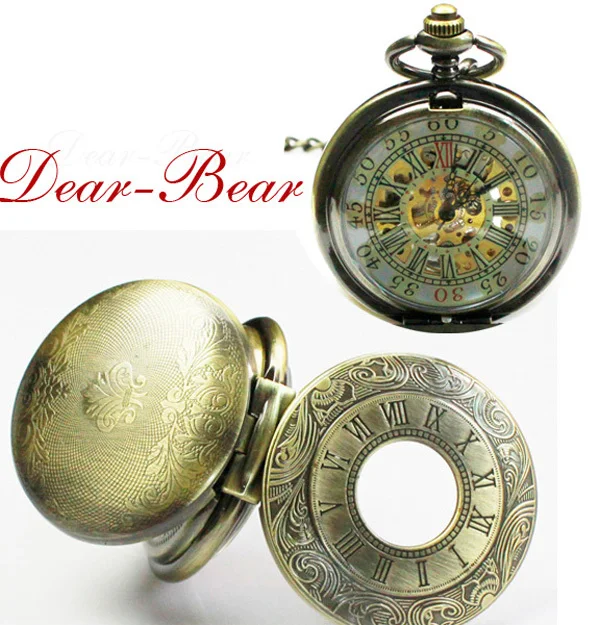 

(8050) Antique Bronze Victorian Style Roman Number Double Hunter Case Mechanical Pocket Watch , 6 pcs/lot