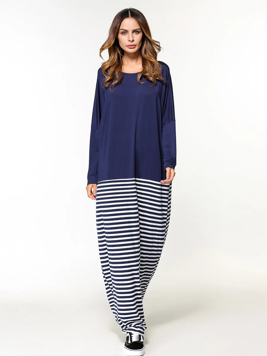 

New Arrival Islamic Muslim Cotton Casual Stripe Dress for Women Malaysia Abayas Turkish Girls Max Size Robe Clothing 5439